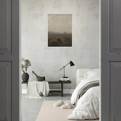 A misty field with distant trees under a pale sky, capturing the quiet stillness of a fog-laden morning.