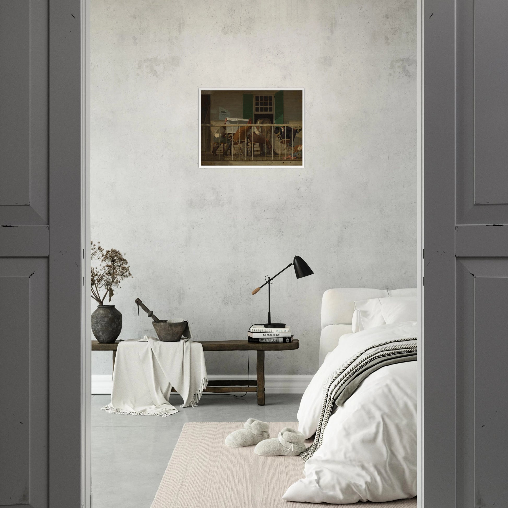 Men sit on a porch reading a newspaper while a child rests beside a dog
