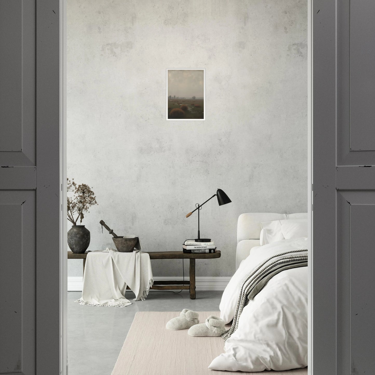 A misty field with distant trees under a pale sky, capturing the quiet stillness of a fog-laden morning.