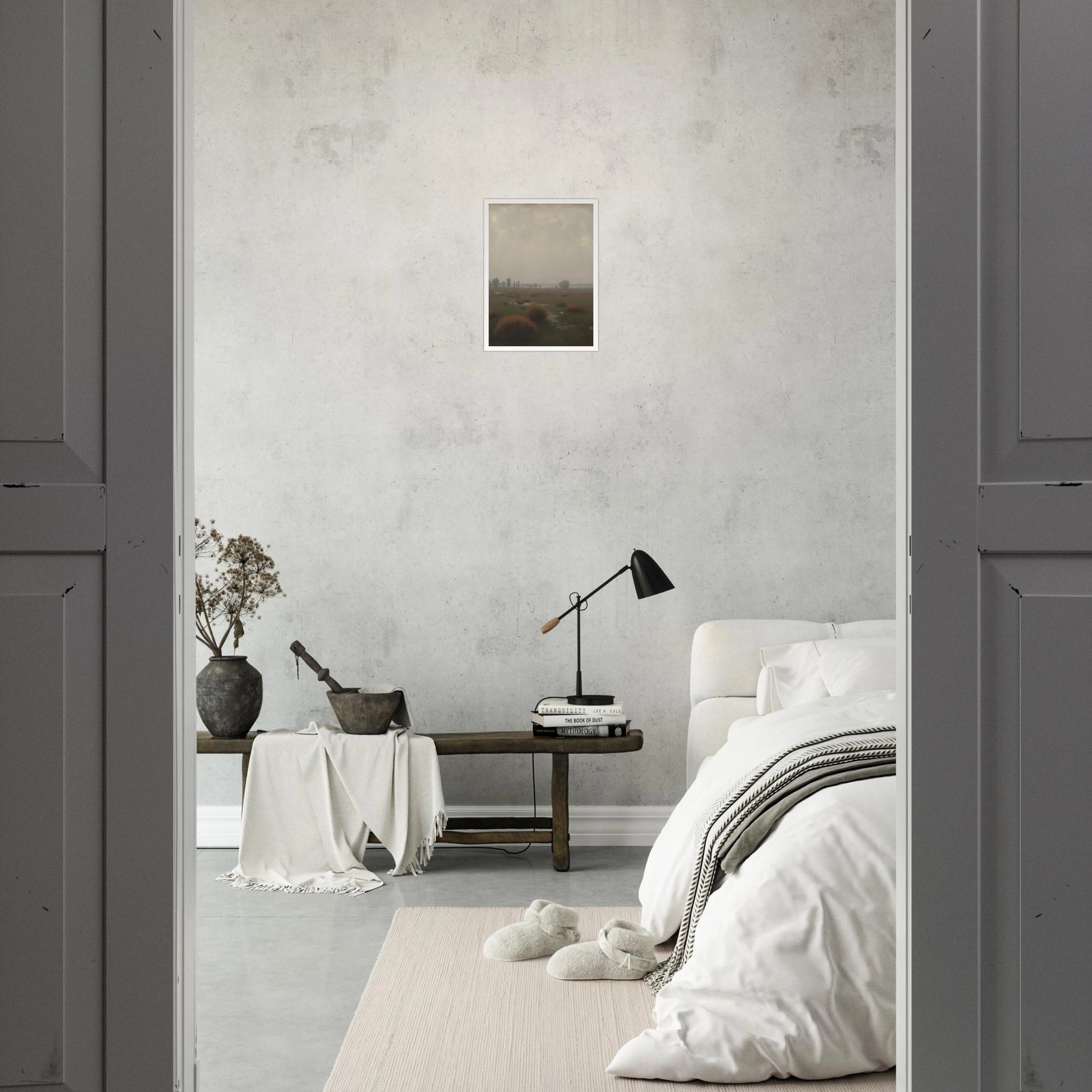 A misty field with distant trees under a pale sky, capturing the quiet stillness of a fog-laden morning.