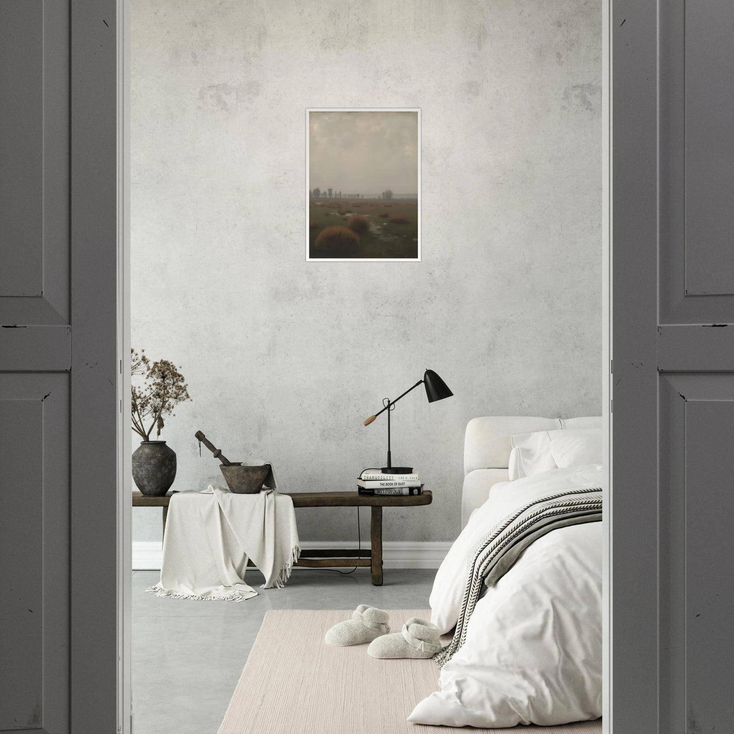 A misty field with distant trees under a pale sky, capturing the quiet stillness of a fog-laden morning.