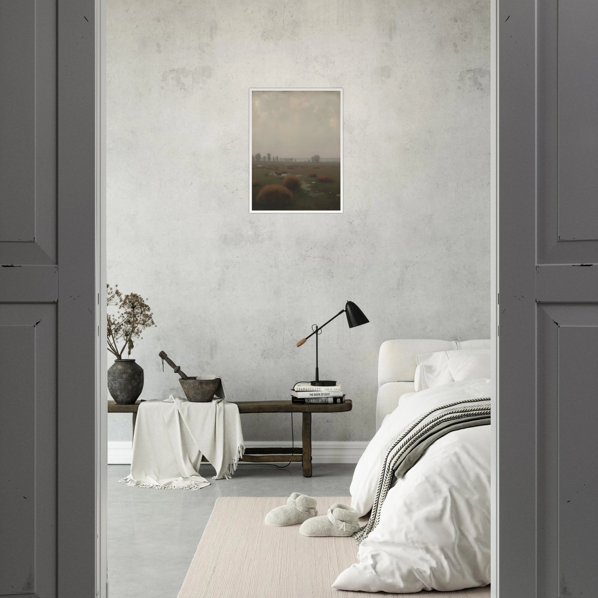 A misty field with distant trees under a pale sky, capturing the quiet stillness of a fog-laden morning.