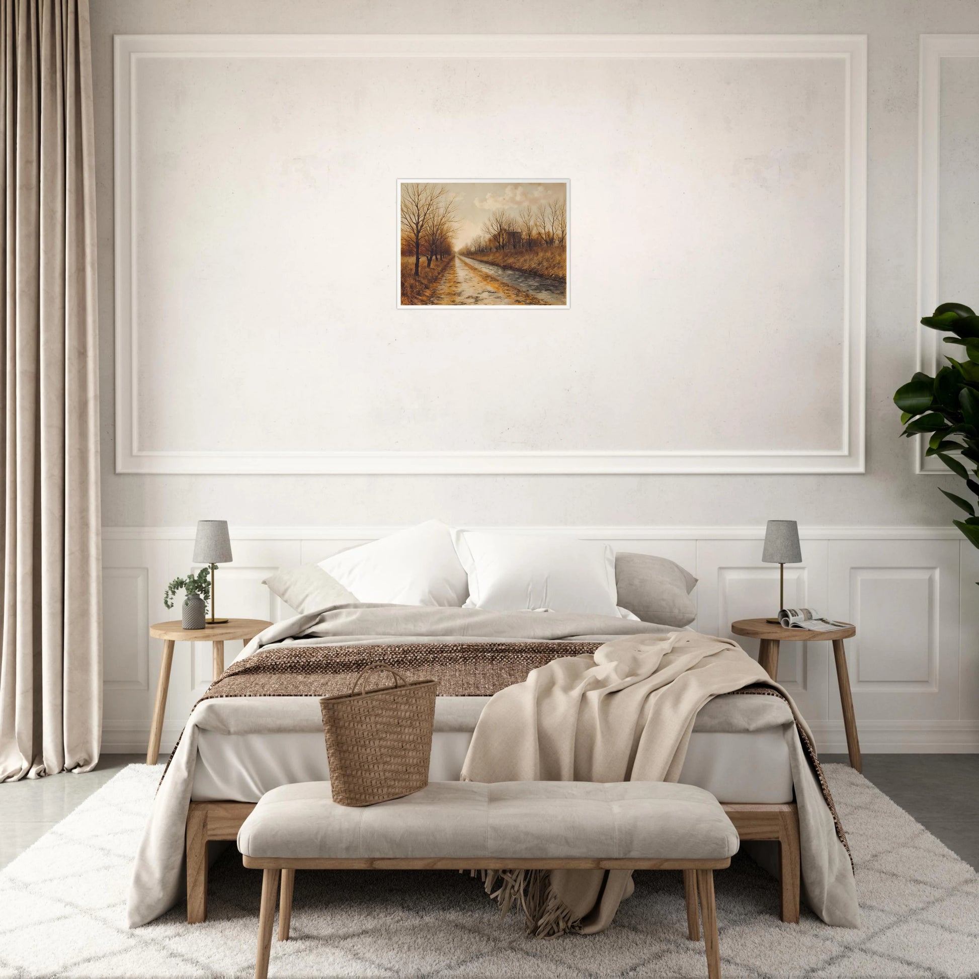 A tranquil autumn road lined with bare trees and golden grass under soft clouds, evoking stillness and quiet reflection.