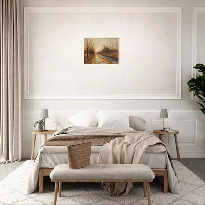 A tranquil autumn road lined with bare trees and golden grass under soft clouds, evoking stillness and quiet reflection.