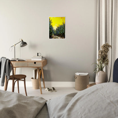 A glowing yellow sky illuminates a narrow forest path lined with lush green trees and scattered stones in soft sunlight.