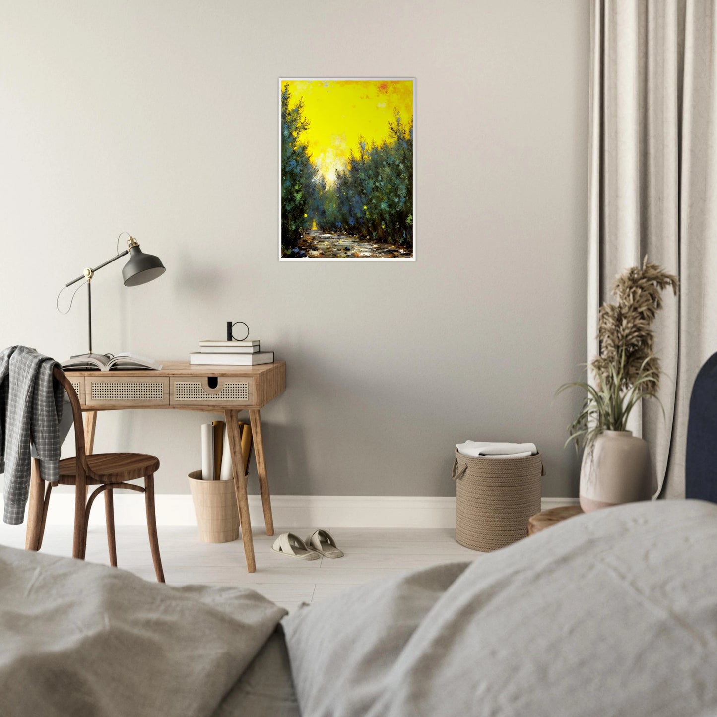 A glowing yellow sky illuminates a narrow forest path lined with lush green trees and scattered stones in soft sunlight.