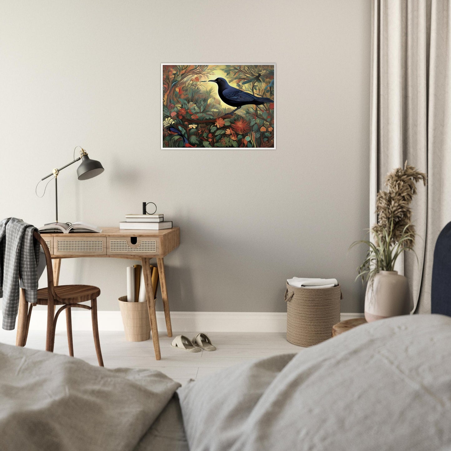 A stunning painting of a black bird with blue undertones perched amidst a vibrant forest of flowers and leaves, illuminated by a glowing golden light in the background.