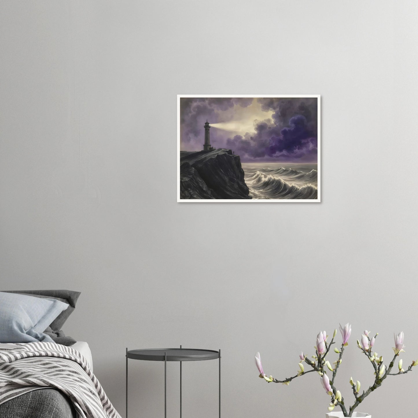 A solitary lighthouse casts its beam through storm-darkened violet clouds above crashing ocean waves against a rugged cliff.