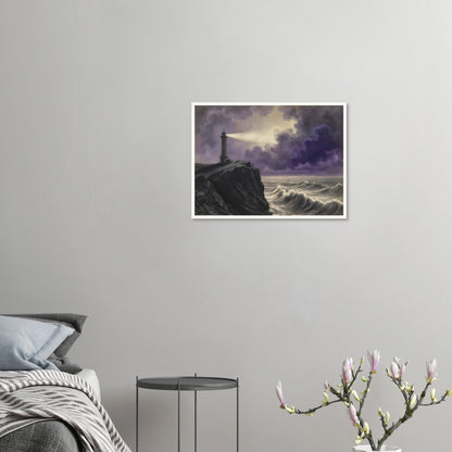 A solitary lighthouse casts its beam through storm-darkened violet clouds above crashing ocean waves against a rugged cliff.