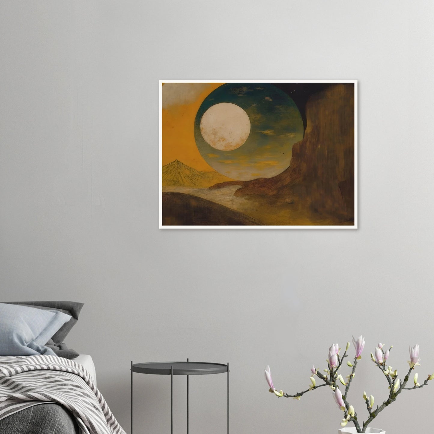 A glowing moon rises over desert cliffs, golden sky, distant pyramid, and shadowed hills.