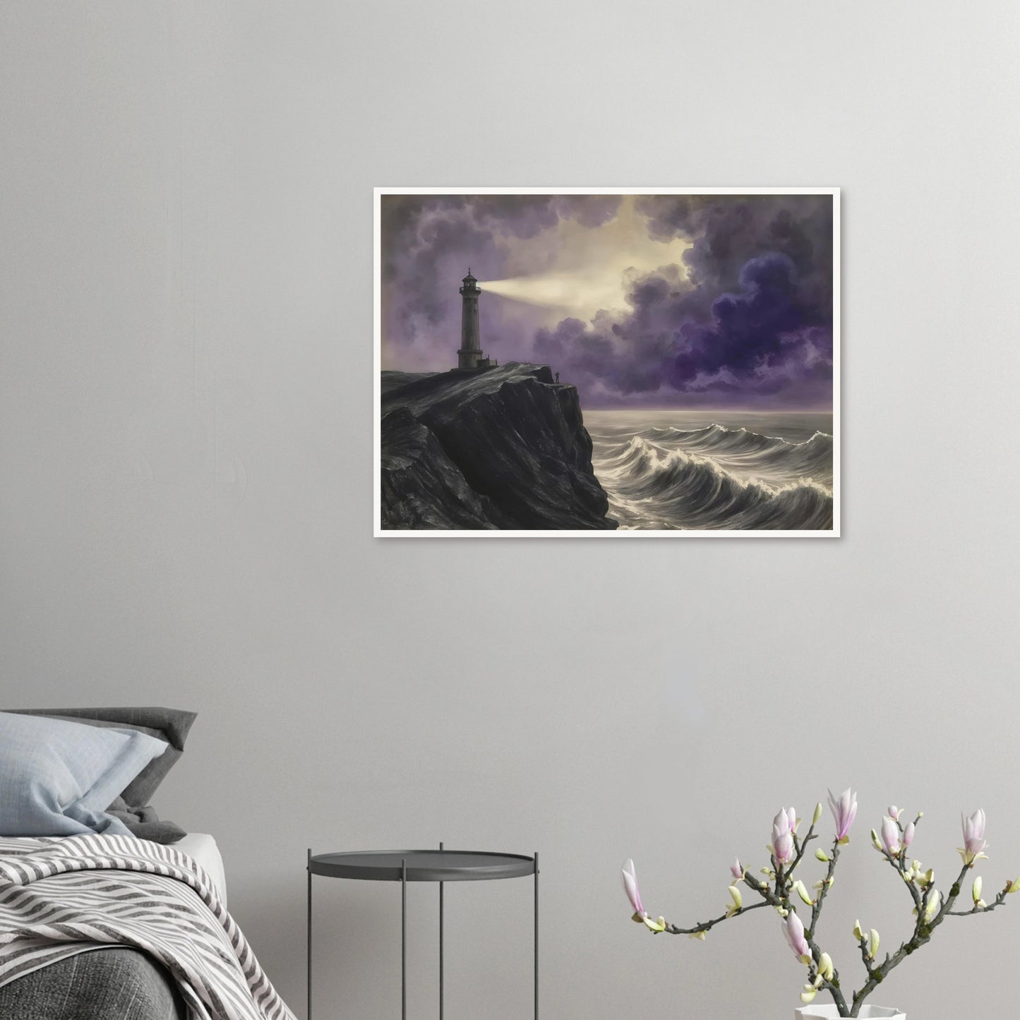 A solitary lighthouse casts its beam through storm-darkened violet clouds above crashing ocean waves against a rugged cliff.
