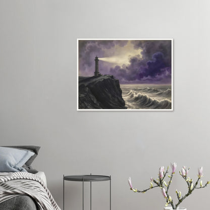 A solitary lighthouse casts its beam through storm-darkened violet clouds above crashing ocean waves against a rugged cliff.