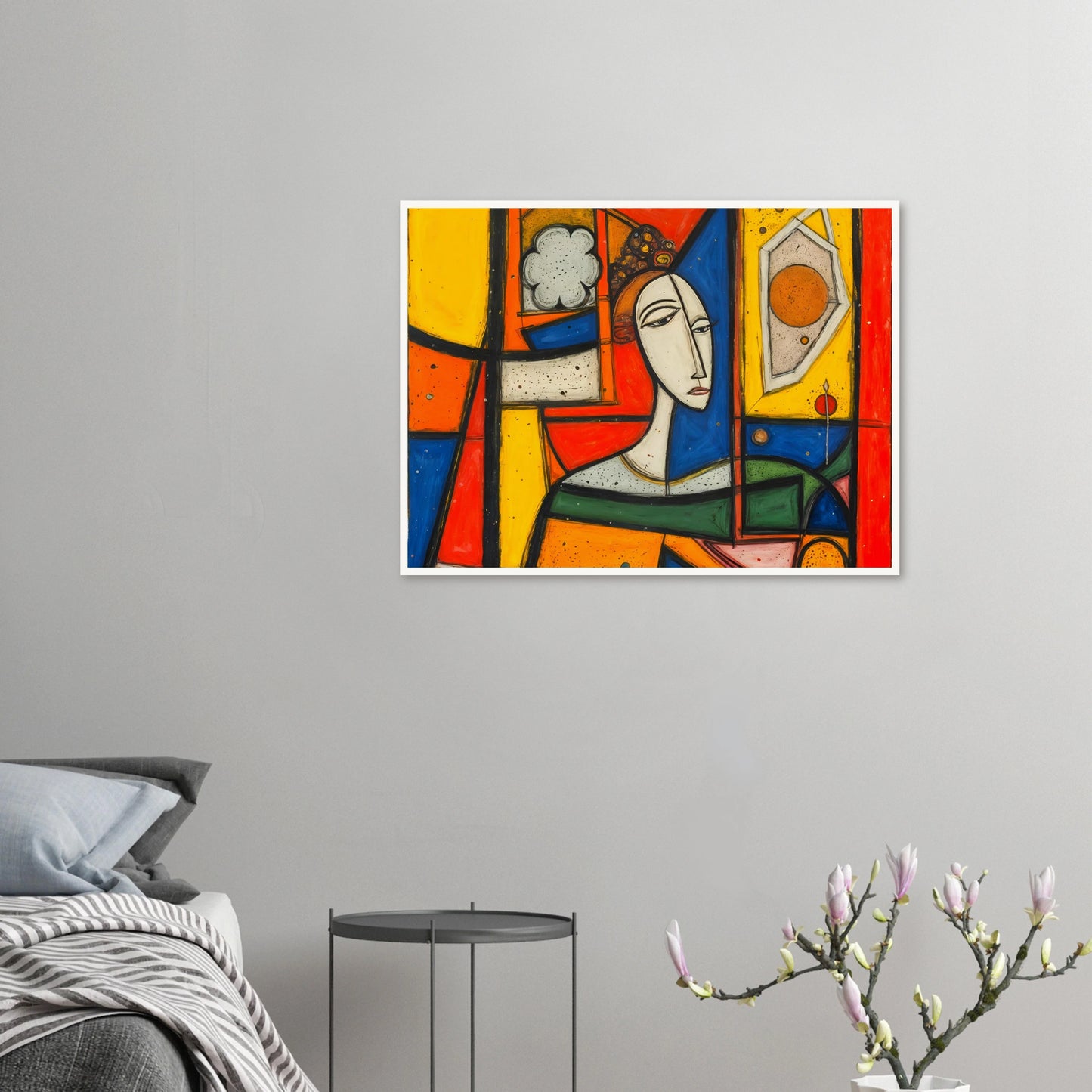 A bold cubist portrait of a woman framed by vivid red, yellow, blue, and green panels with striking geometric forms.