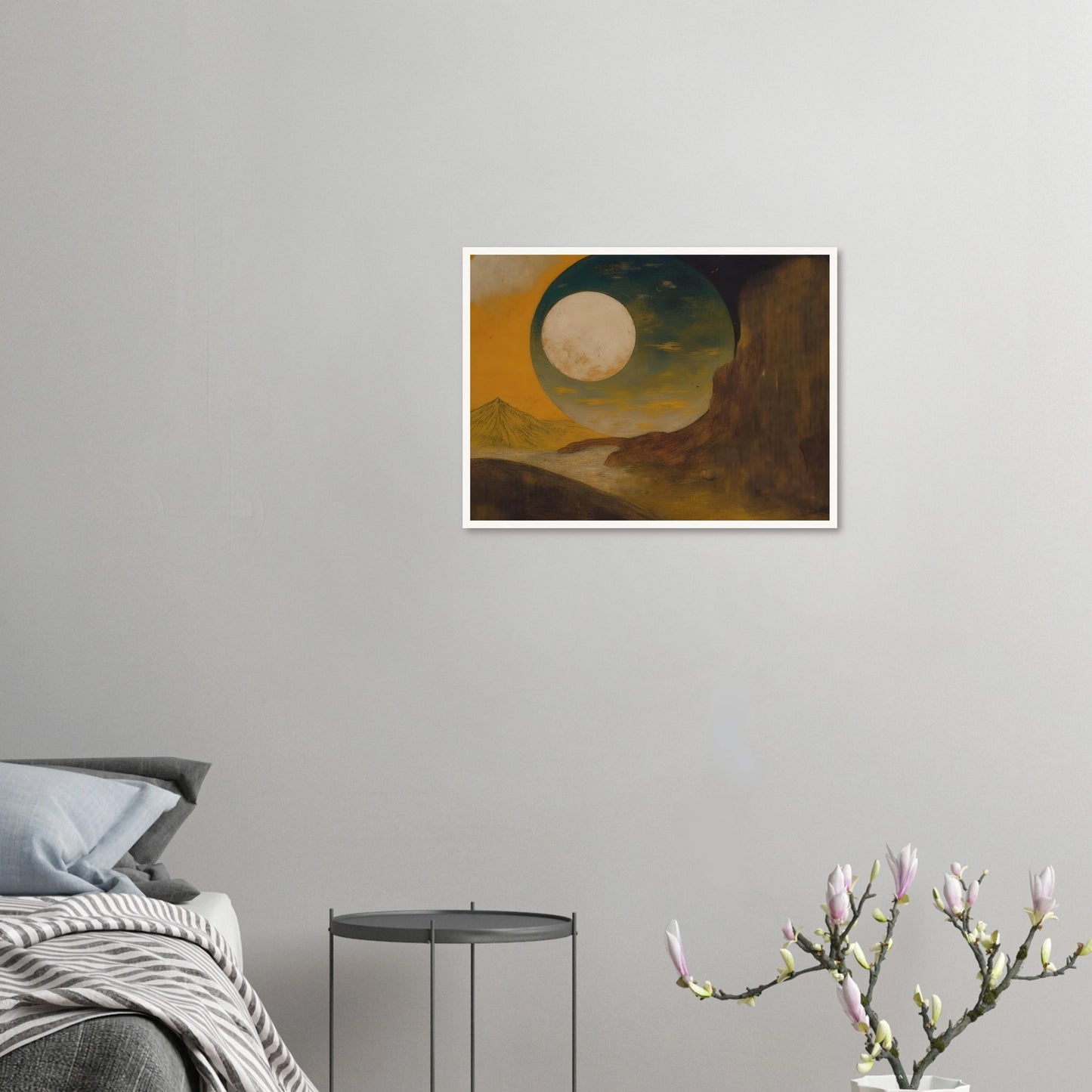 A glowing moon rises over desert cliffs, golden sky, distant pyramid, and shadowed hills.