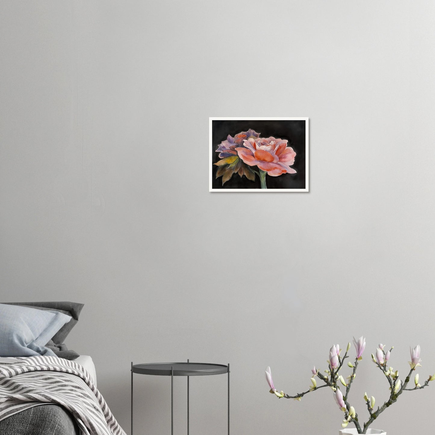 Two delicate watercolor roses with soft pink, purple, and peach tones bloom vividly against a dark background.