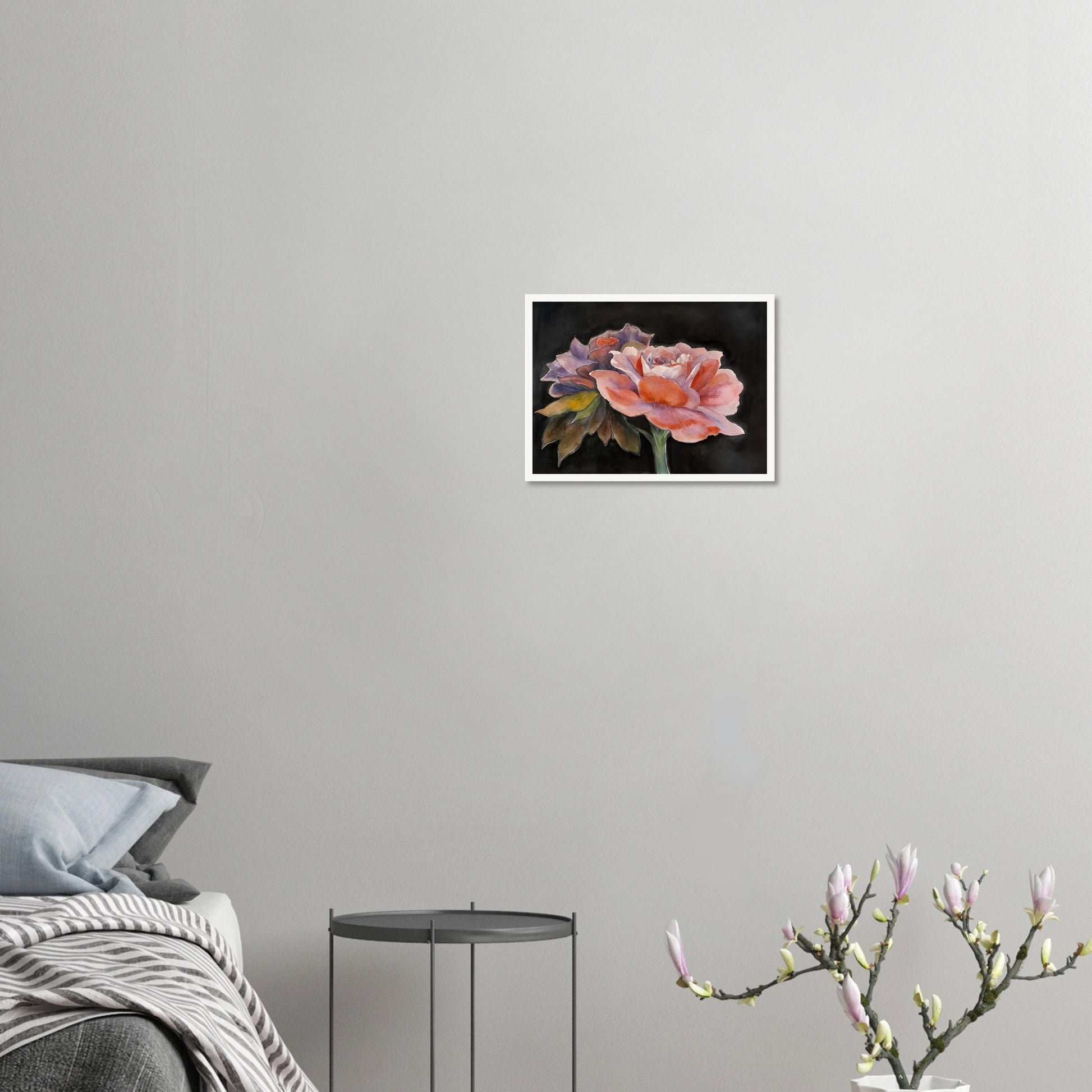 Two delicate watercolor roses with soft pink, purple, and peach tones bloom vividly against a dark background.