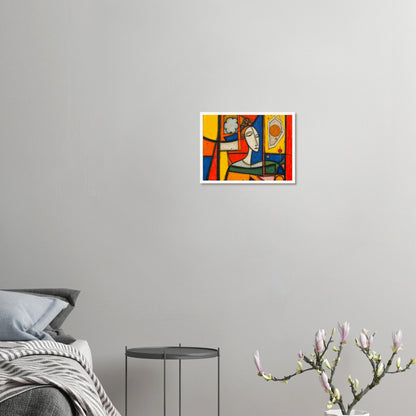 A bold cubist portrait of a woman framed by vivid red, yellow, blue, and green panels with striking geometric forms.