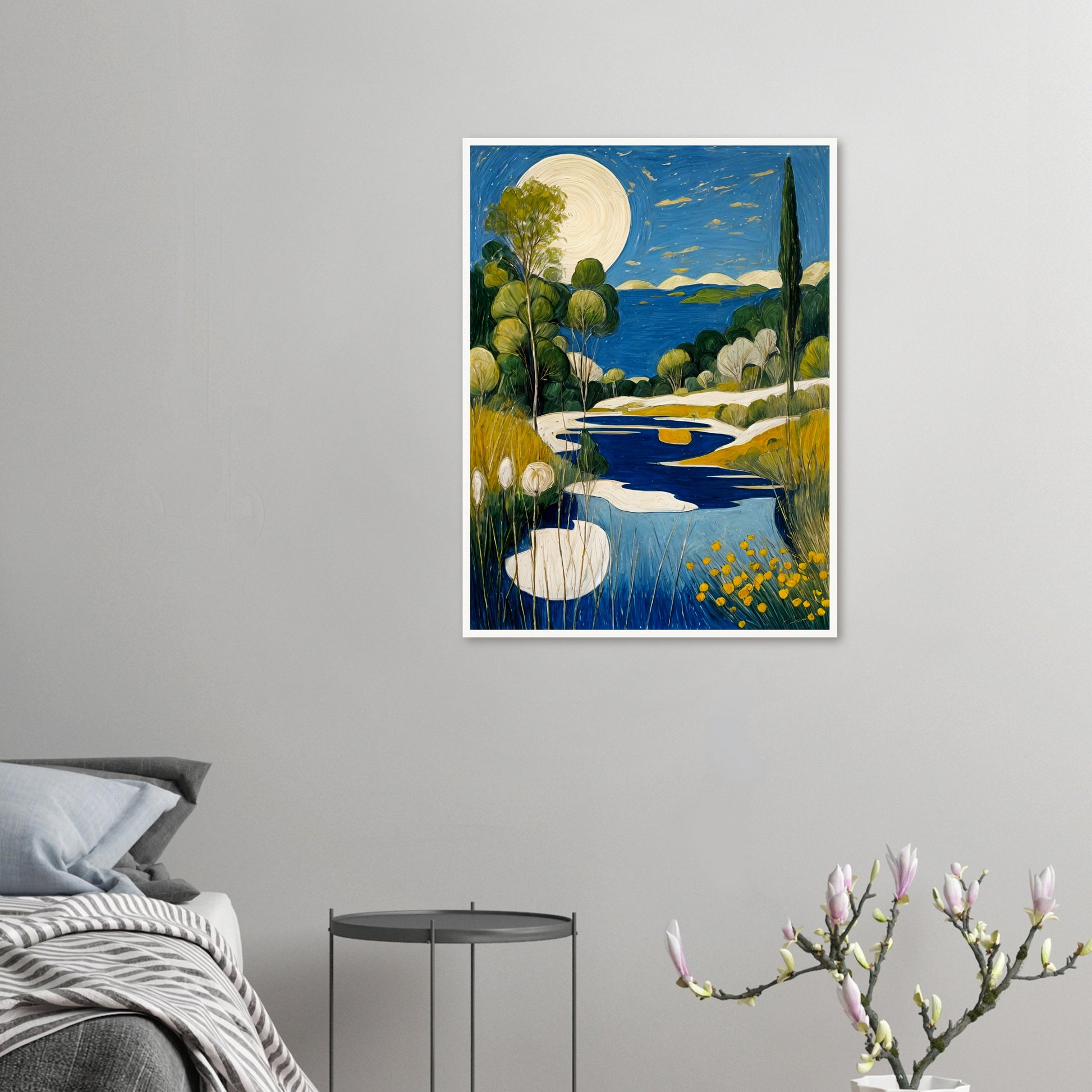 A peaceful landscape featuring a glowing full moon over a blue lake, surrounded by lush greenery and golden wildflowers under a starlit sky.