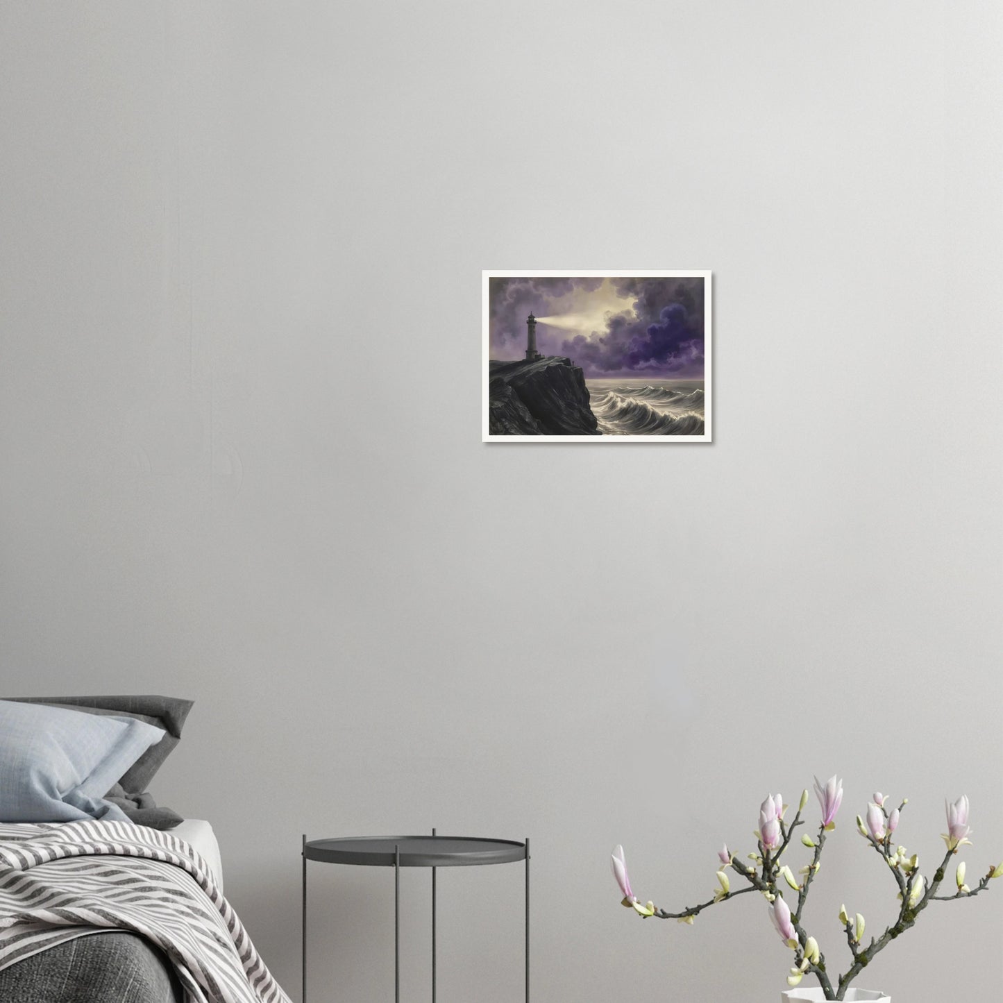 A solitary lighthouse casts its beam through storm-darkened violet clouds above crashing ocean waves against a rugged cliff.