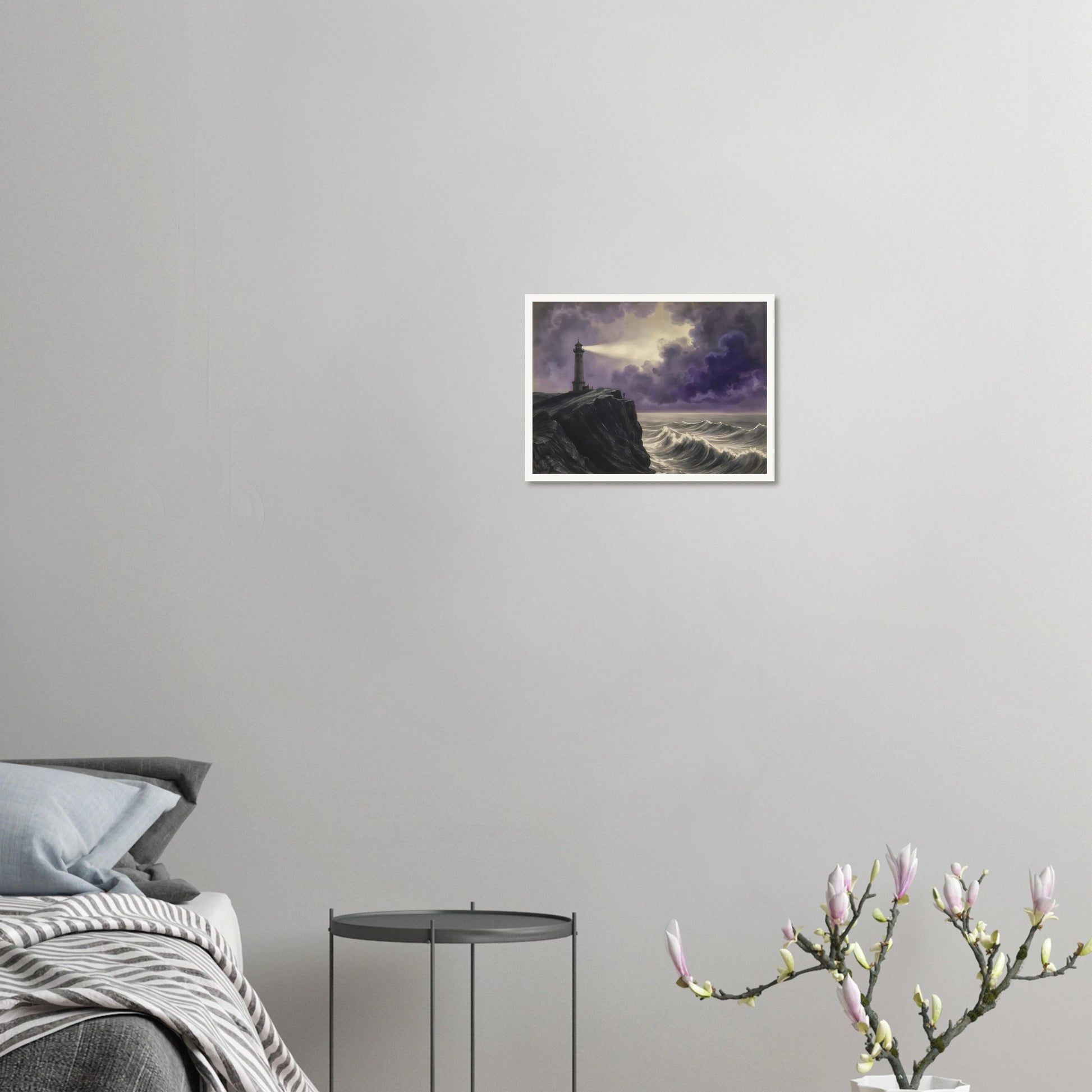 A solitary lighthouse casts its beam through storm-darkened violet clouds above crashing ocean waves against a rugged cliff.