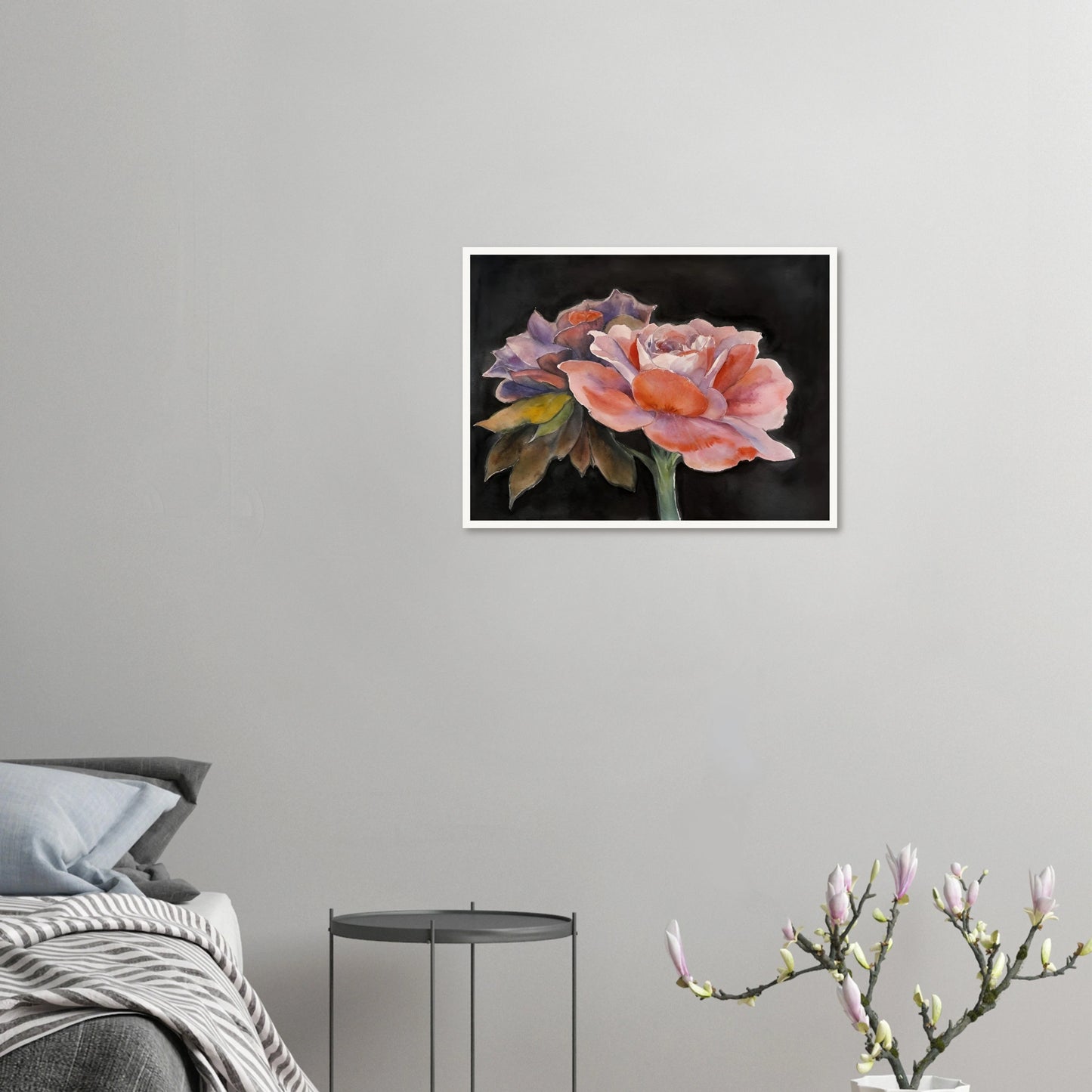 Two delicate watercolor roses with soft pink, purple, and peach tones bloom vividly against a dark background.