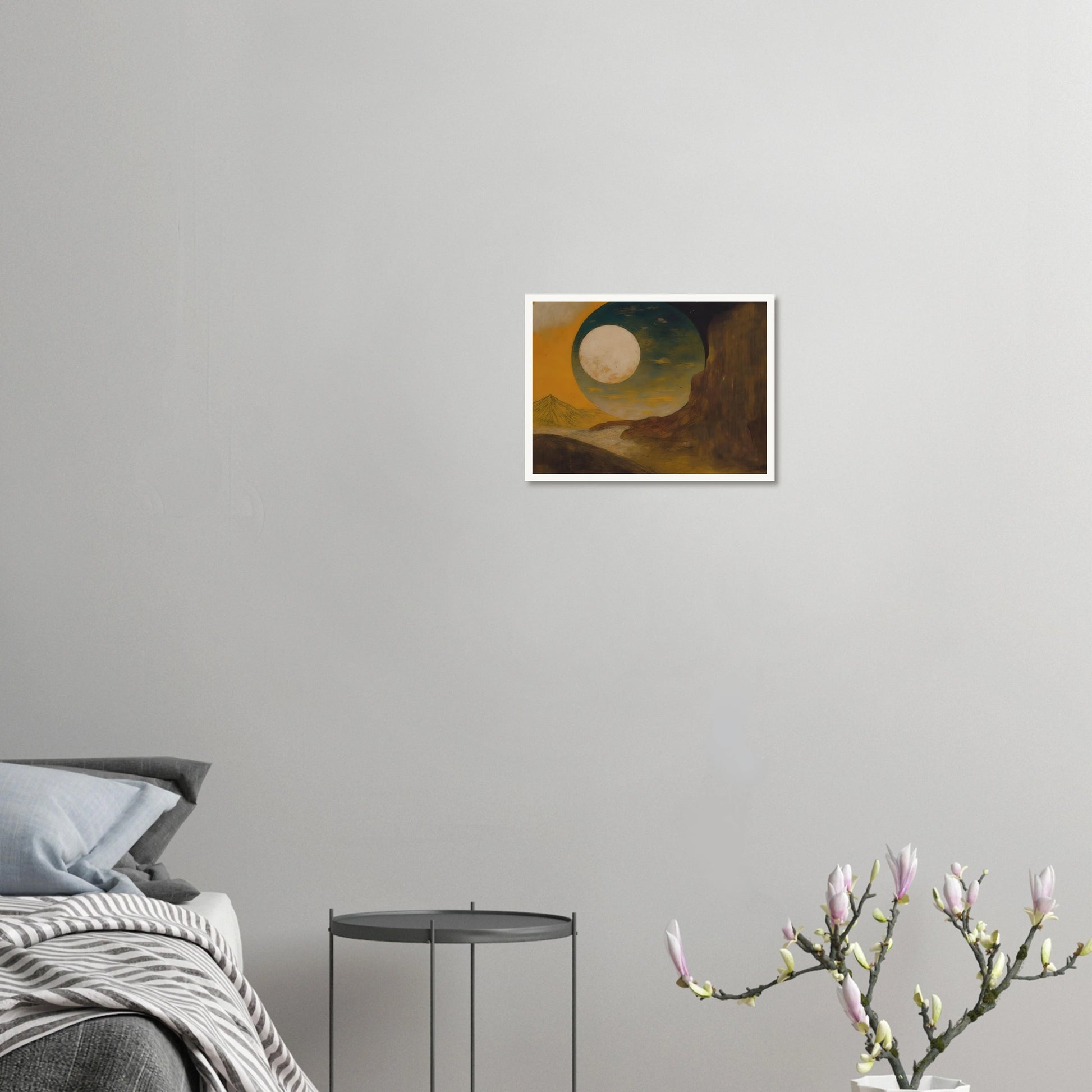 A glowing moon rises over desert cliffs, golden sky, distant pyramid, and shadowed hills.