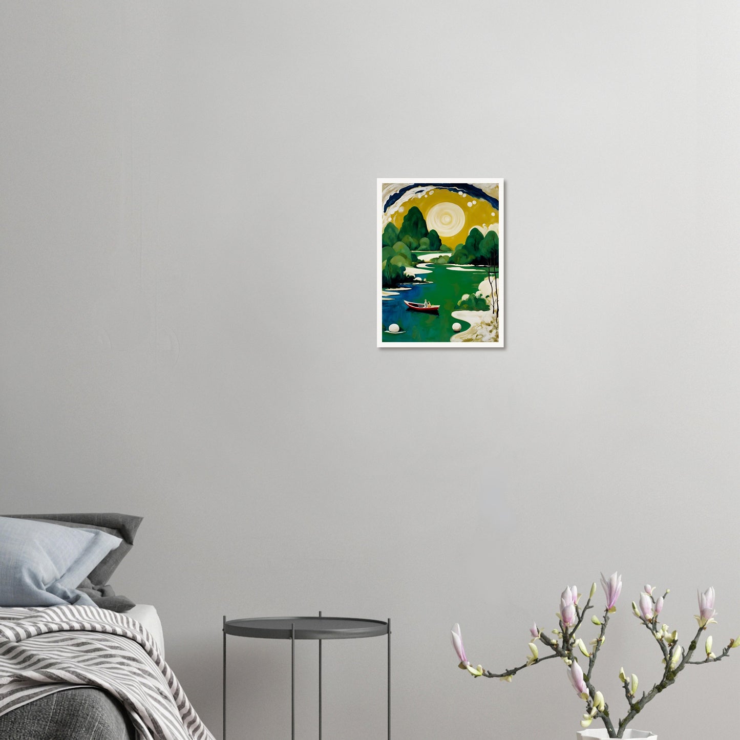 A peaceful river scene with a golden sun, lush green trees, and a small red boat carrying two figures, evoking serenity and wonder.