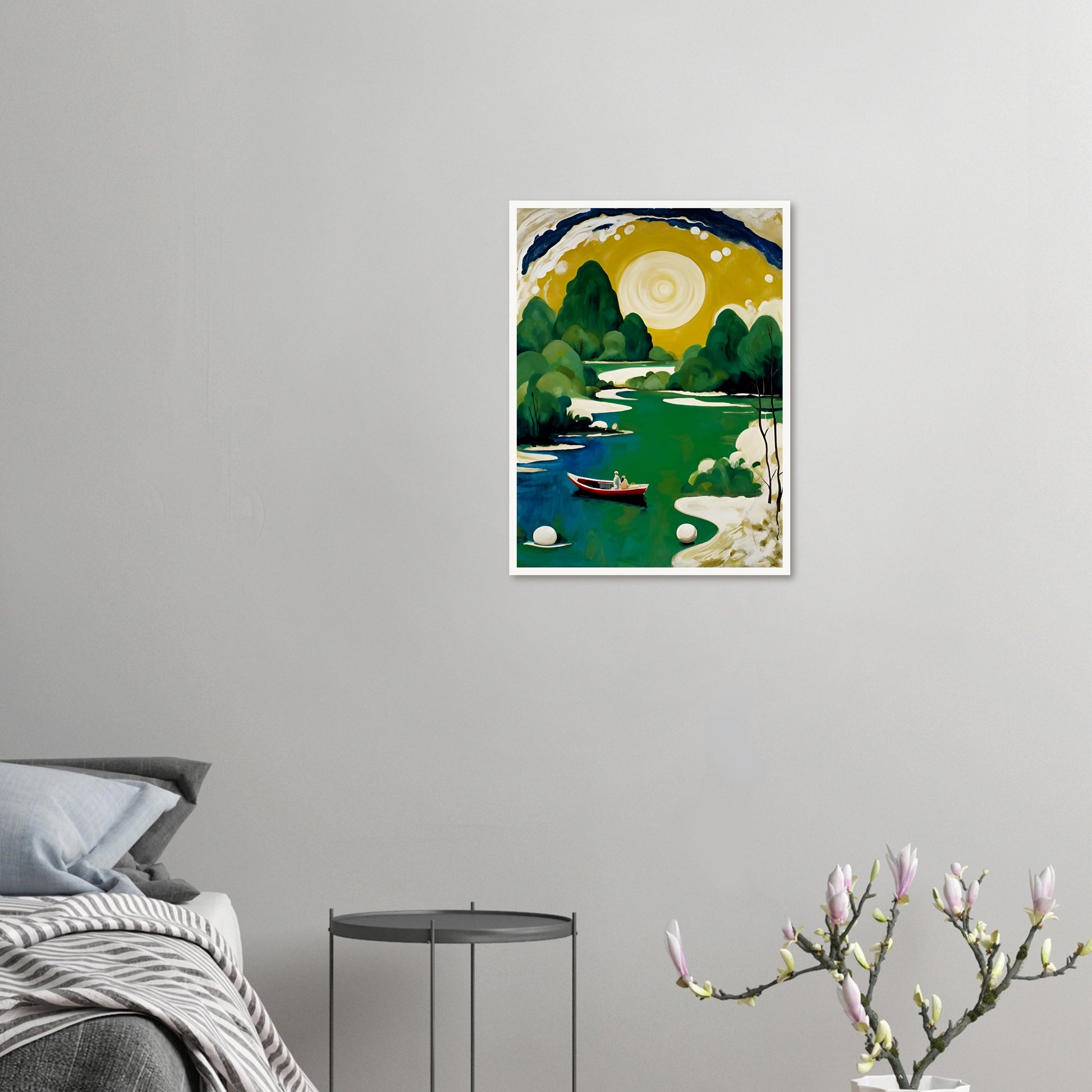 A peaceful river scene with a golden sun, lush green trees, and a small red boat carrying two figures, evoking serenity and wonder.