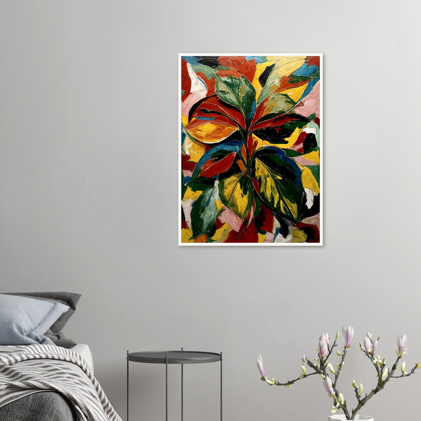 A bold and textured painting of vibrant leaves in dynamic shades of green, red, yellow, and orange, set against an abstract colorful background.