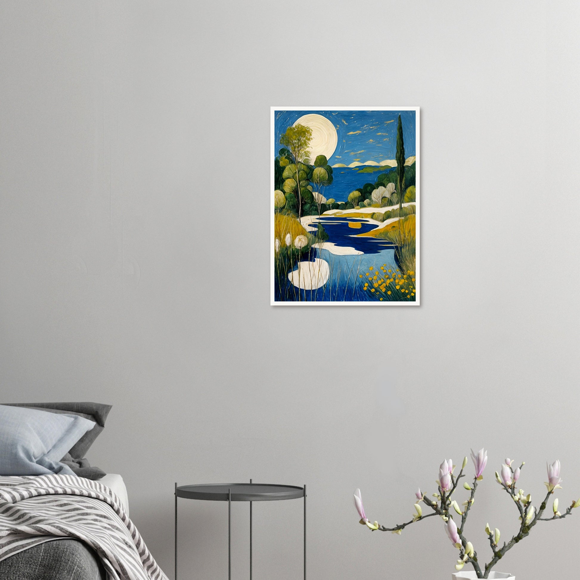 A peaceful landscape featuring a glowing full moon over a blue lake, surrounded by lush greenery and golden wildflowers under a starlit sky.