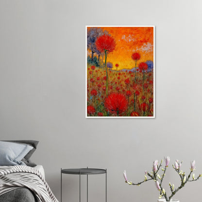 A radiant field of red blossoms under a glowing orange sky, blending vibrant warmth with a dreamy sense of renewal.