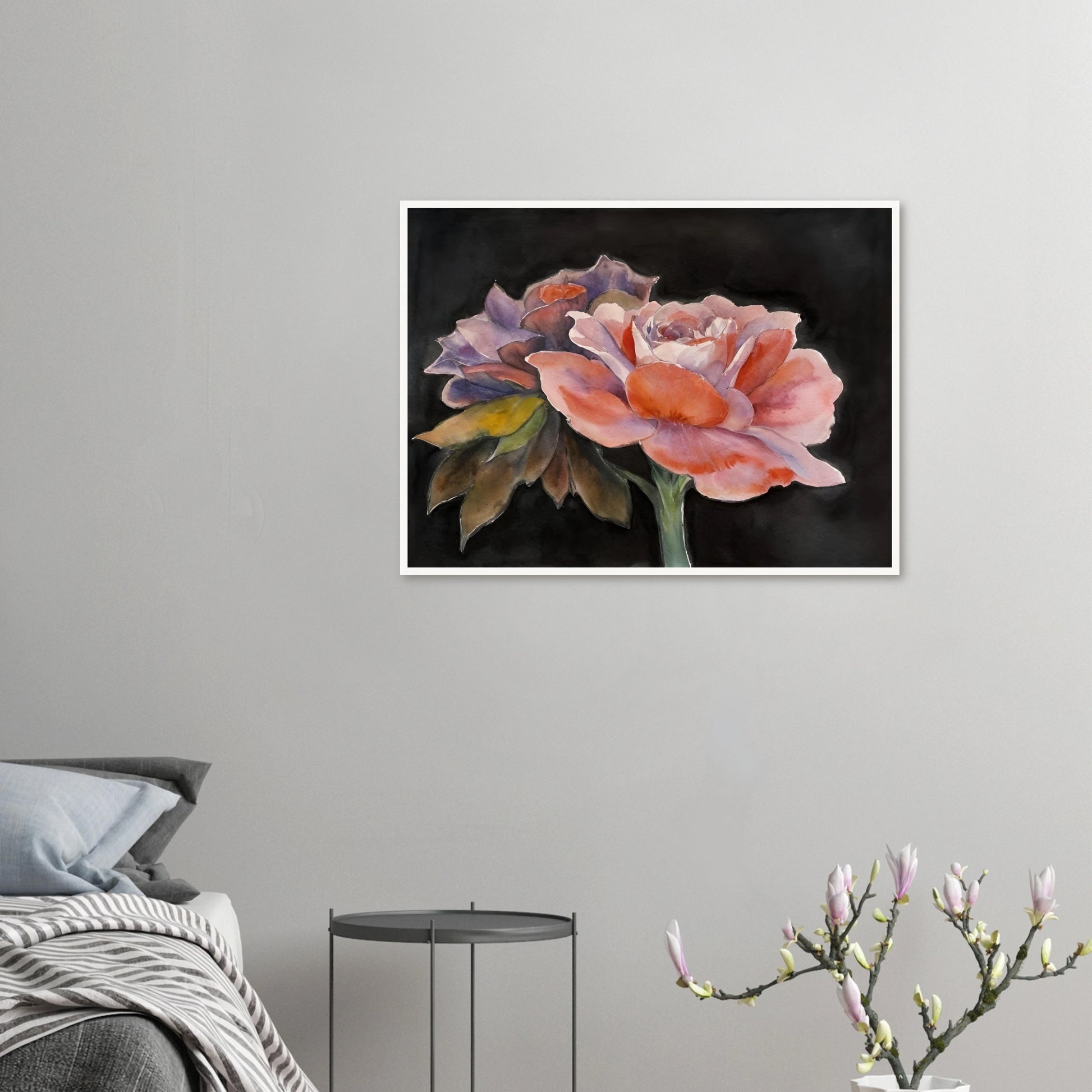Two delicate watercolor roses with soft pink, purple, and peach tones bloom vividly against a dark background.