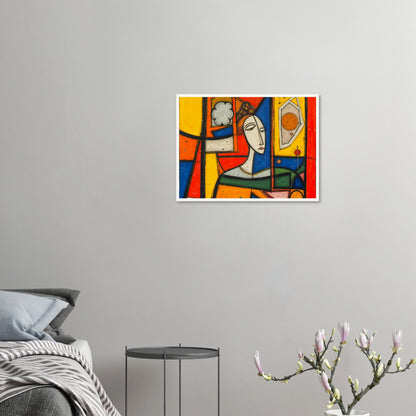 A bold cubist portrait of a woman framed by vivid red, yellow, blue, and green panels with striking geometric forms.