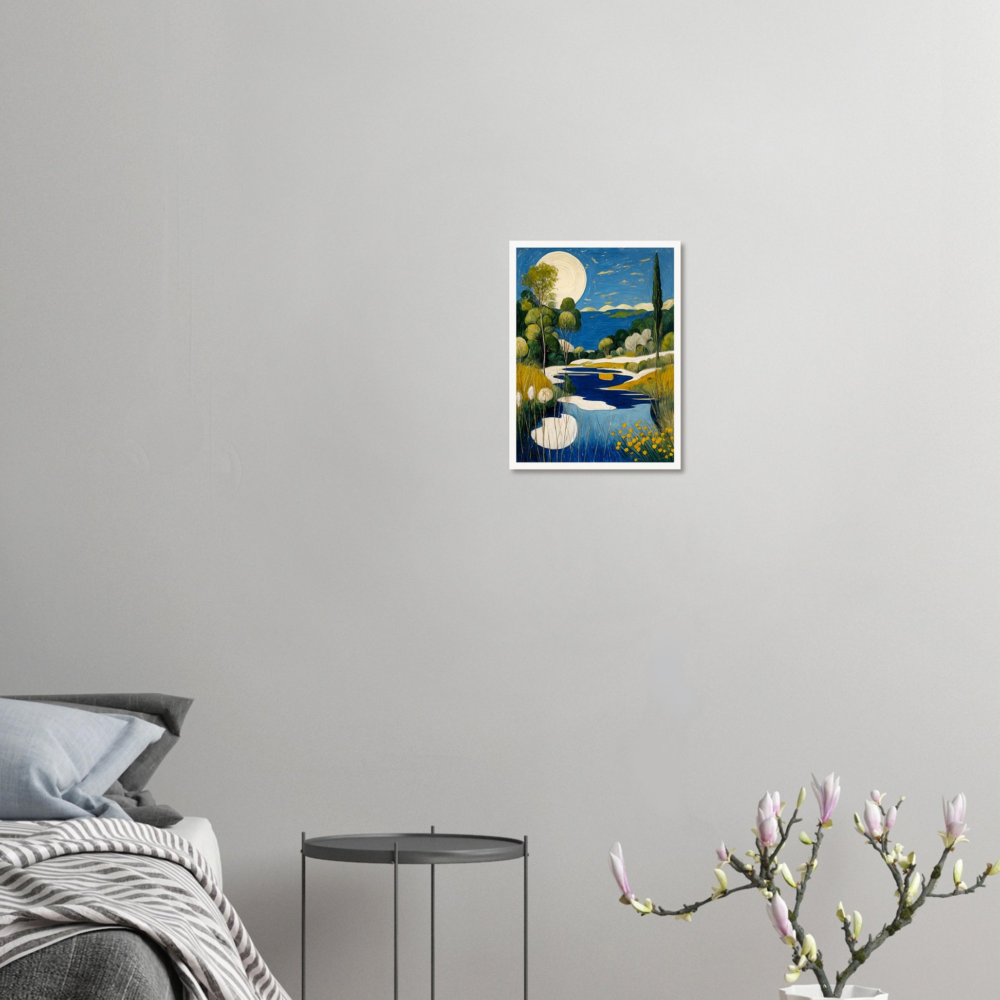 A peaceful landscape featuring a glowing full moon over a blue lake, surrounded by lush greenery and golden wildflowers under a starlit sky.