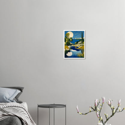 A peaceful landscape featuring a glowing full moon over a blue lake, surrounded by lush greenery and golden wildflowers under a starlit sky.