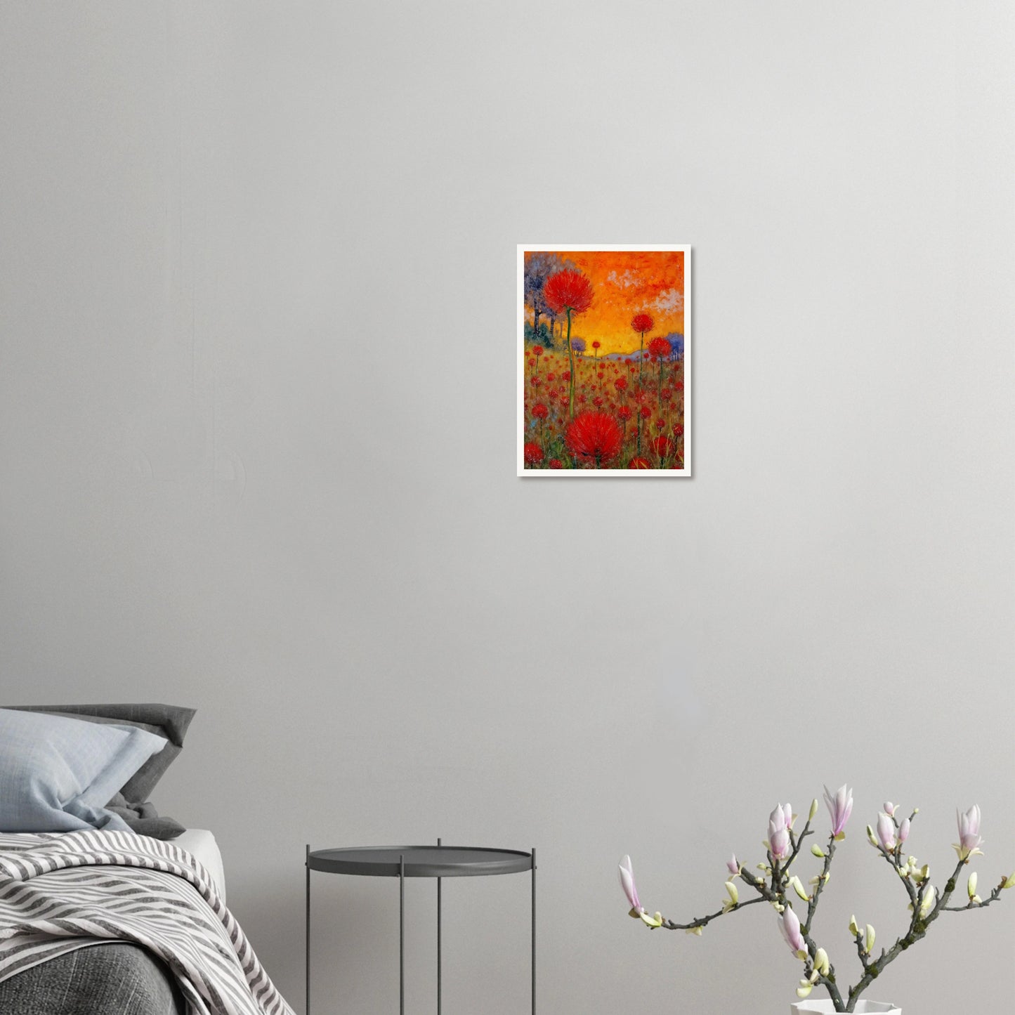 A radiant field of red blossoms under a glowing orange sky, blending vibrant warmth with a dreamy sense of renewal.