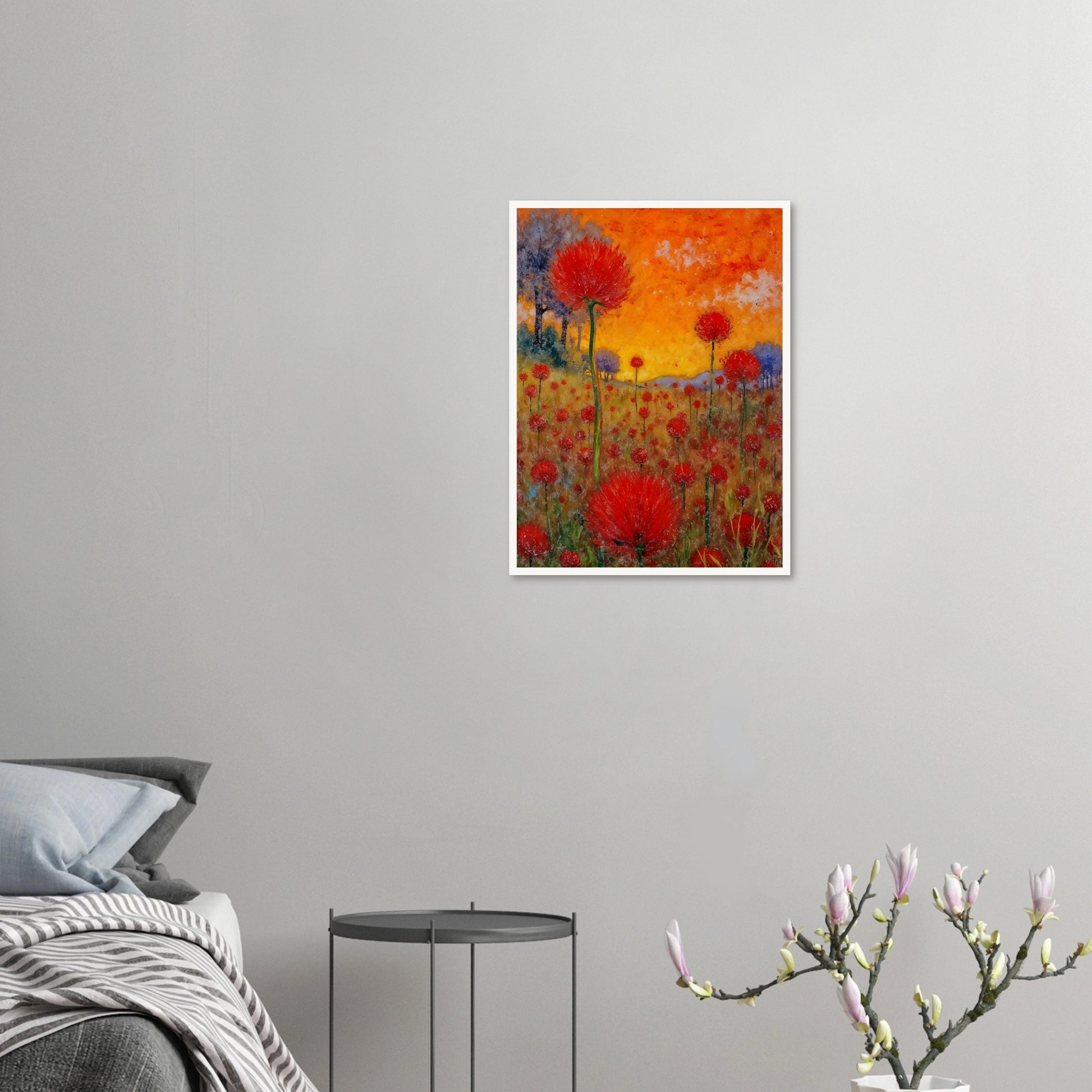 A radiant field of red blossoms under a glowing orange sky, blending vibrant warmth with a dreamy sense of renewal.