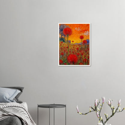 A radiant field of red blossoms under a glowing orange sky, blending vibrant warmth with a dreamy sense of renewal.