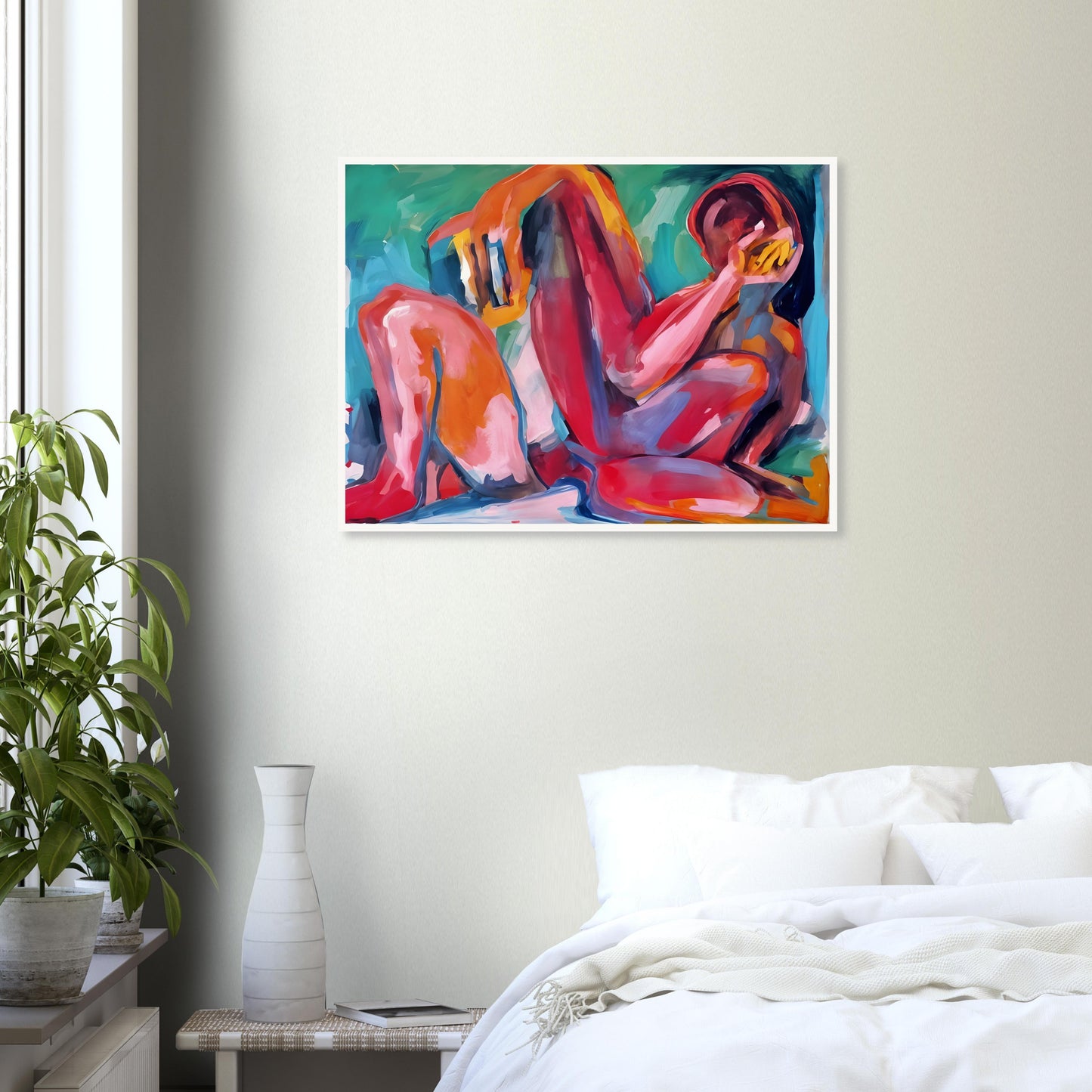 A vibrant abstract painting of a reclining figure, painted with bold strokes of red, pink, orange, and blue, evoking deep emotion.