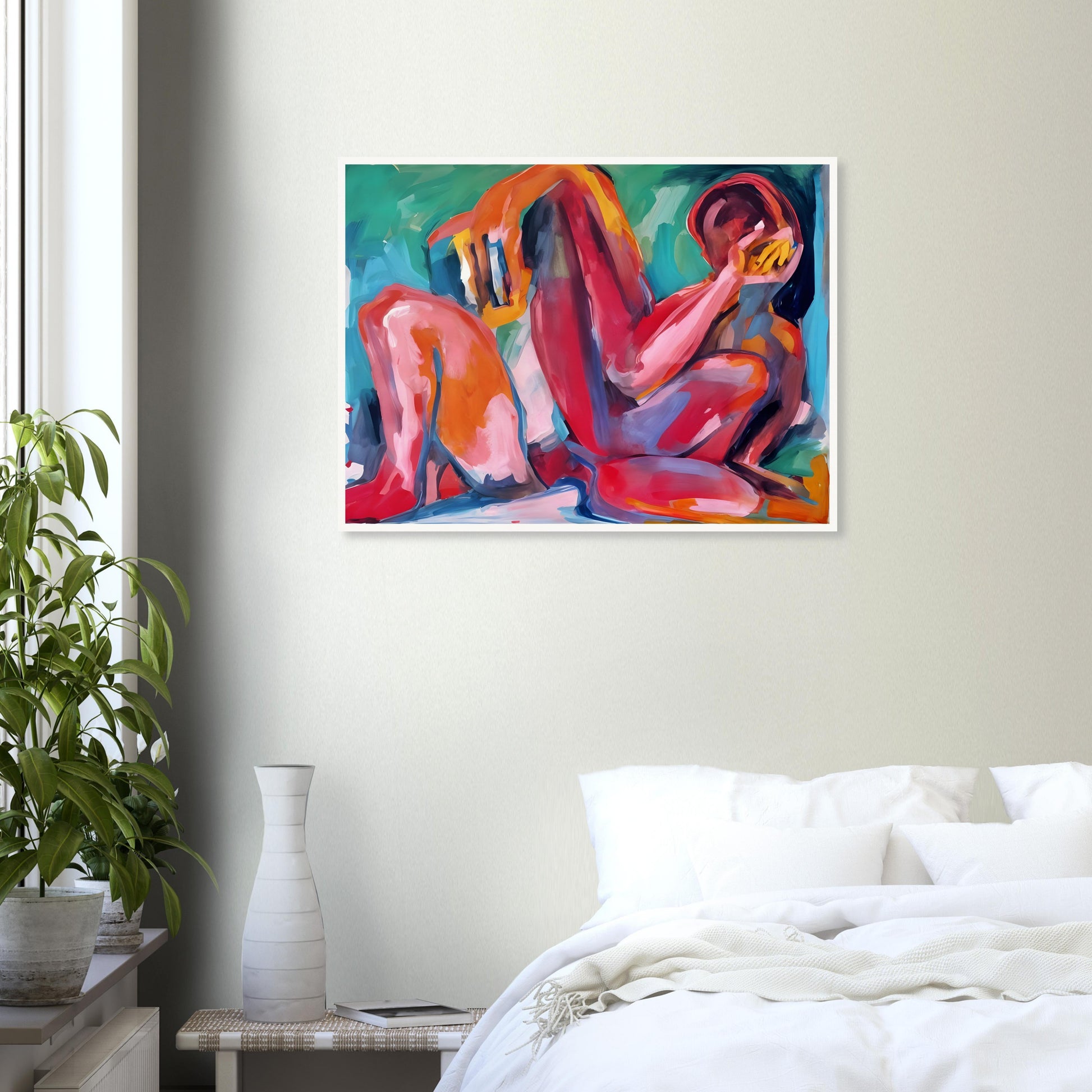 A vibrant abstract painting of a reclining figure, painted with bold strokes of red, pink, orange, and blue, evoking deep emotion.