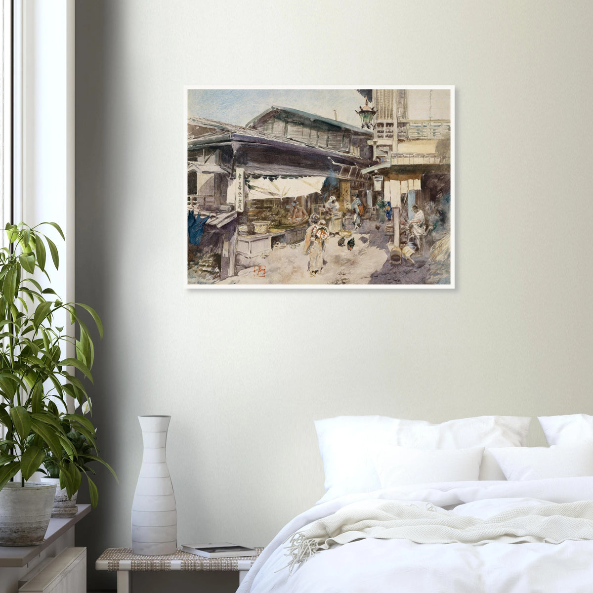A lively Japanese street scene with shops, lantern, people, and chickens in soft watercolor.