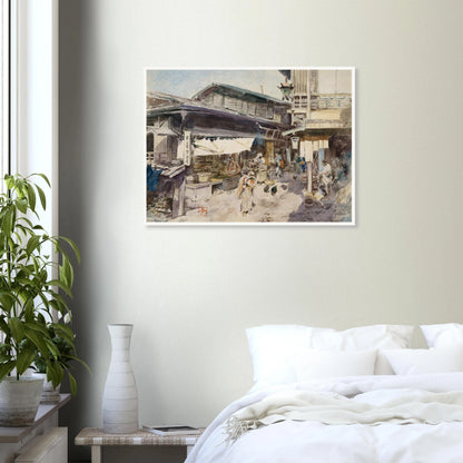 A lively Japanese street scene with shops, lantern, people, and chickens in soft watercolor.