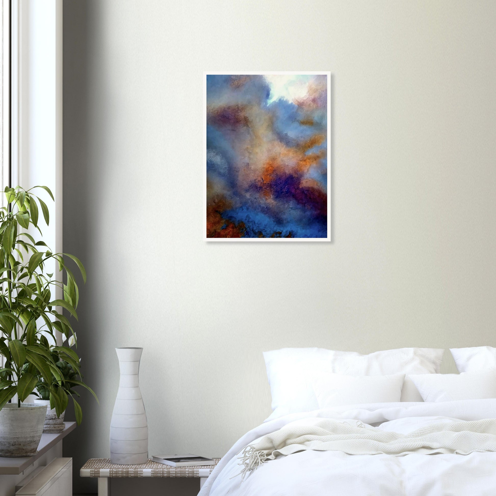 An abstract painting depicting a moody sky with swirling hues of blue, orange, and purple, evoking a dreamy and atmospheric scene.