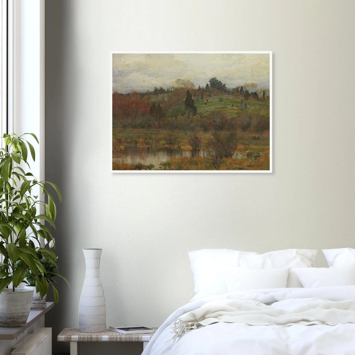 Muted marsh landscape with pond, hills, trees, and red-winged birds under a pale sky.