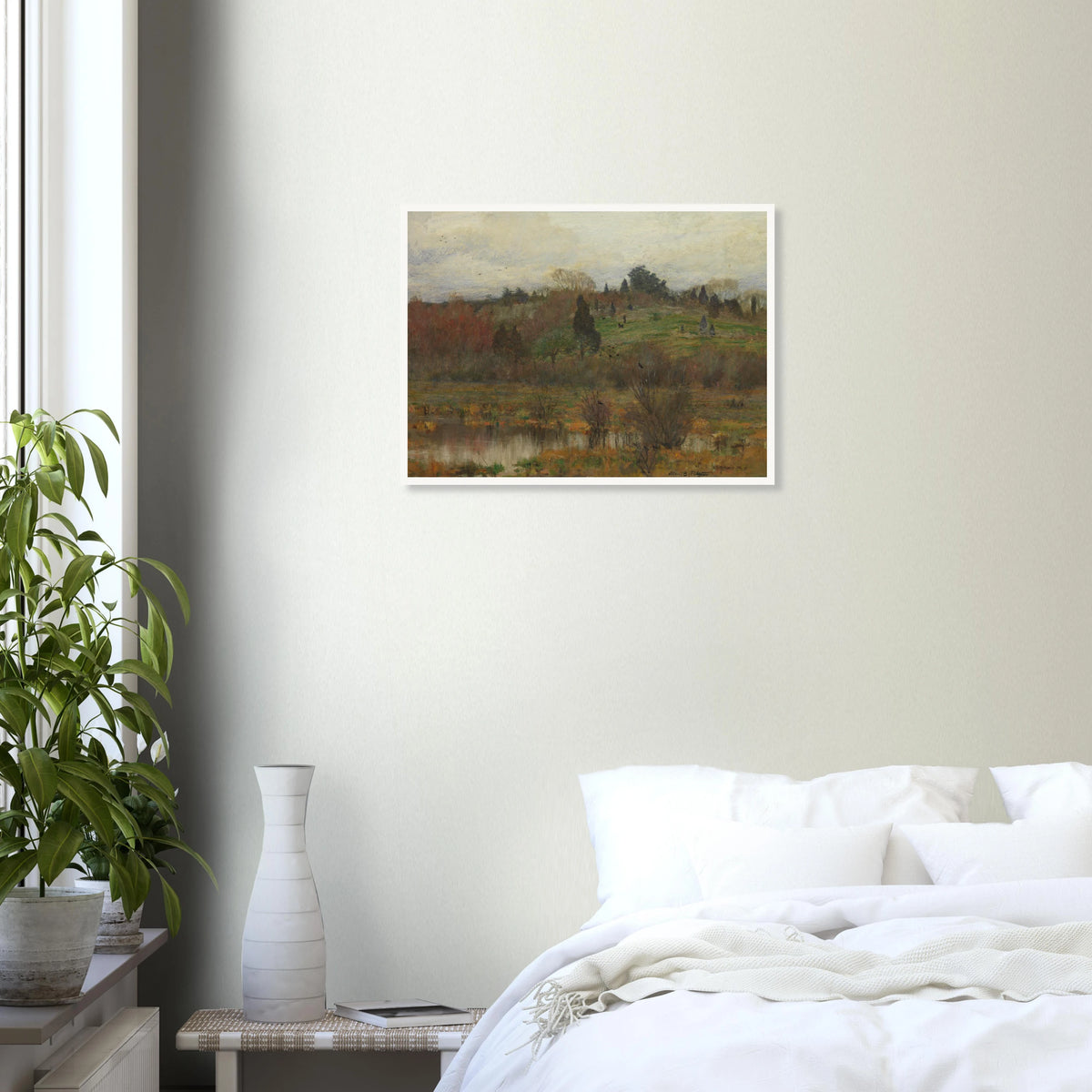 Muted marsh landscape with pond, hills, trees, and red-winged birds under a pale sky.