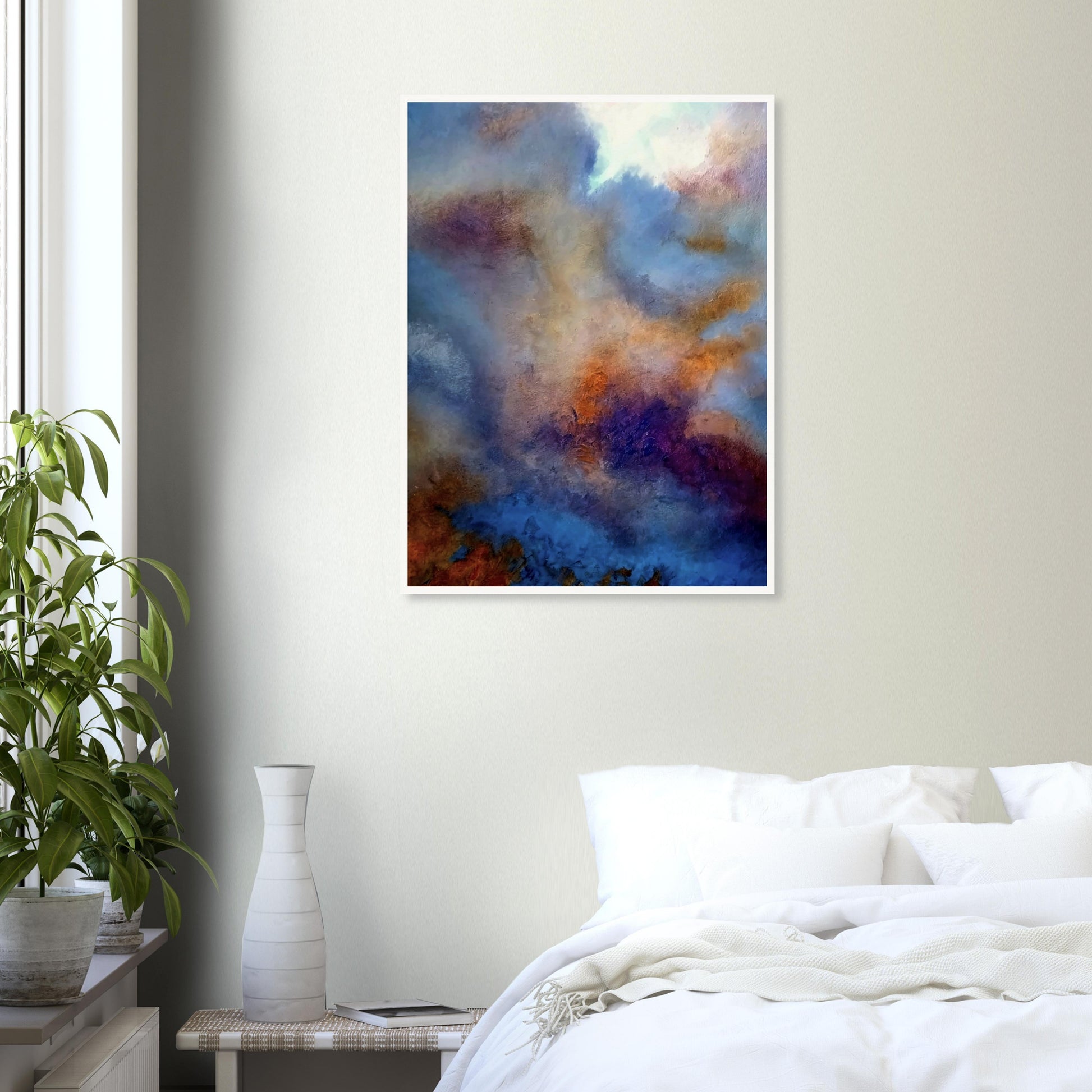 An abstract painting depicting a moody sky with swirling hues of blue, orange, and purple, evoking a dreamy and atmospheric scene.