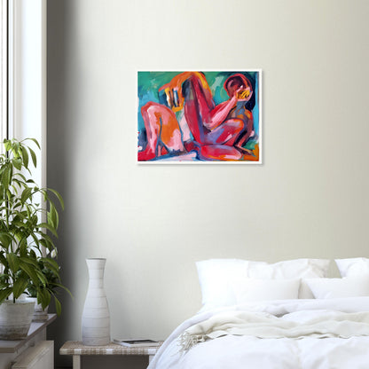 A vibrant abstract painting of a reclining figure, painted with bold strokes of red, pink, orange, and blue, evoking deep emotion.