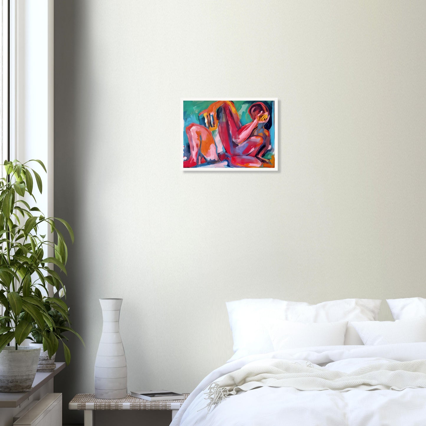 A vibrant abstract painting of a reclining figure, painted with bold strokes of red, pink, orange, and blue, evoking deep emotion.