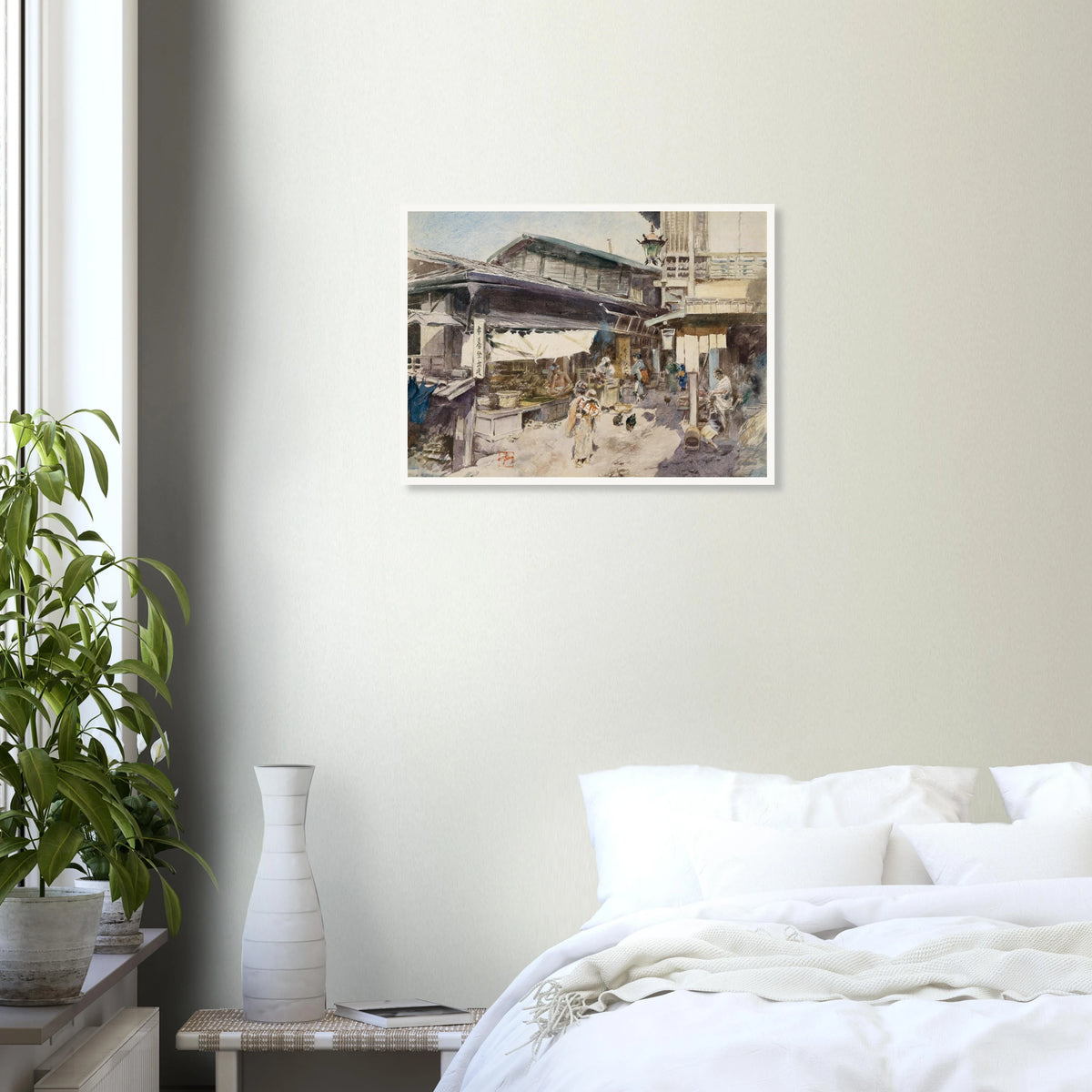 A lively Japanese street scene with shops, lantern, people, and chickens in soft watercolor.