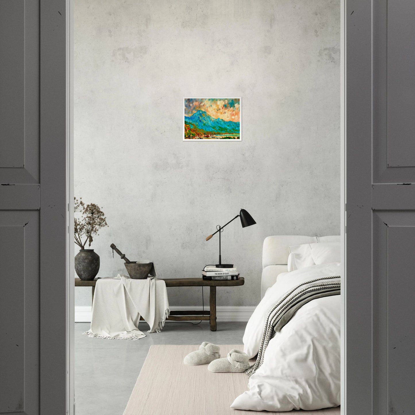 Vivid blue mountain rising above reflective waters beneath a luminous peach and turquoise sky, bursting with expressive color and energy.